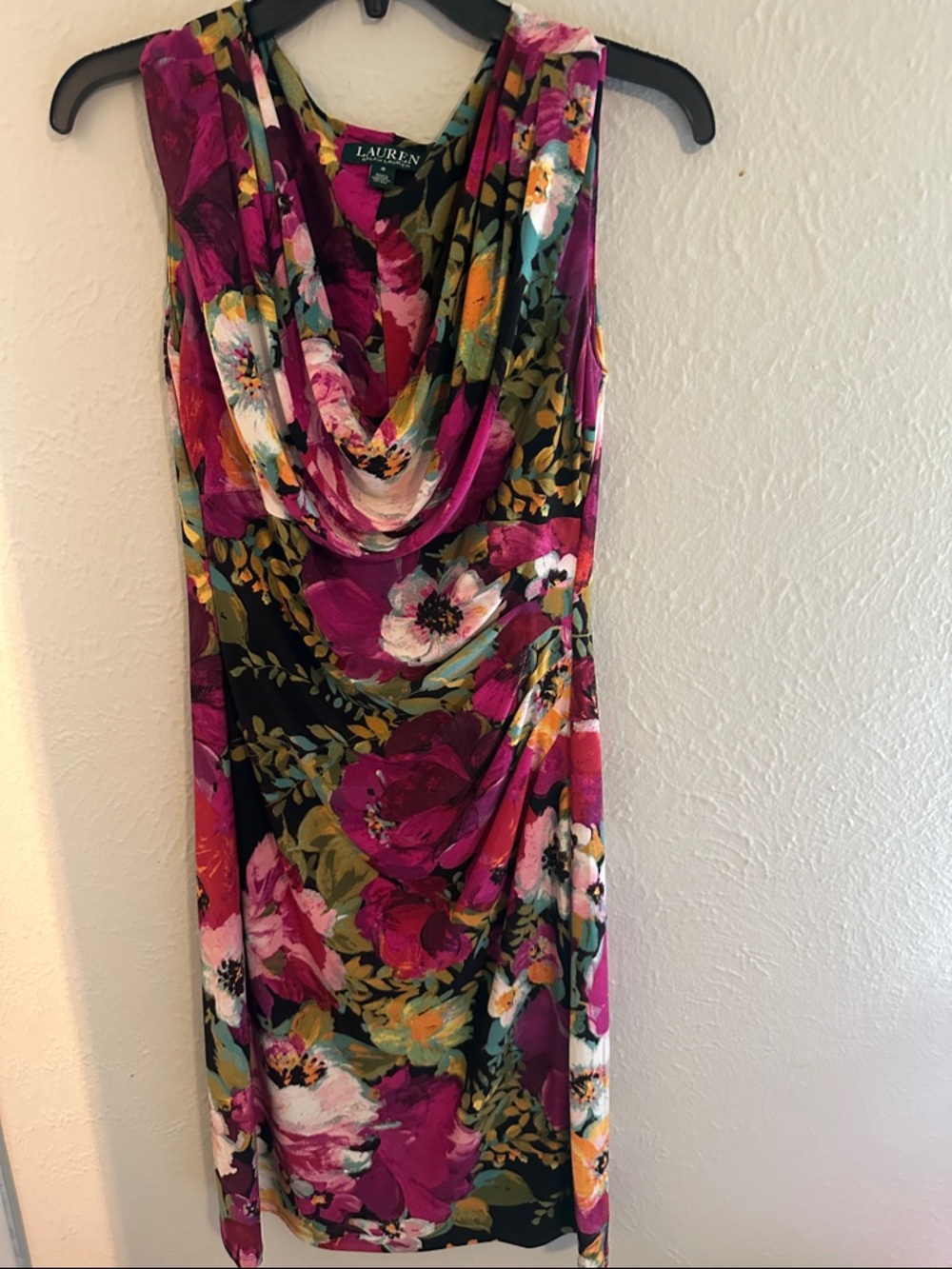 Lauren Ralph Lauren Floral Cowl Neck Dress in Magenta, Green, Yellow, Black